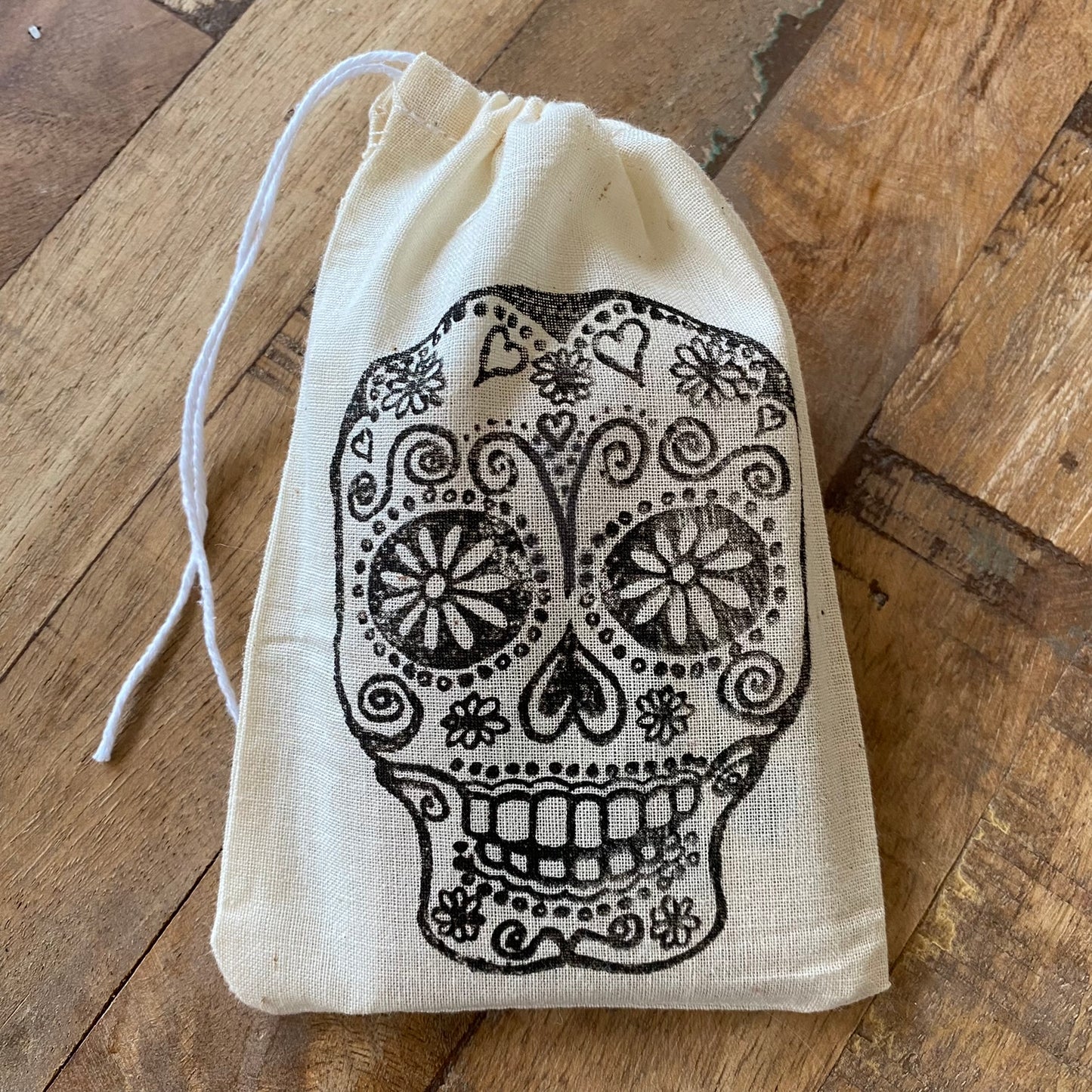 Sugar Skull Skeleton Muslin Gift Bags, set of 3, 4"x6"