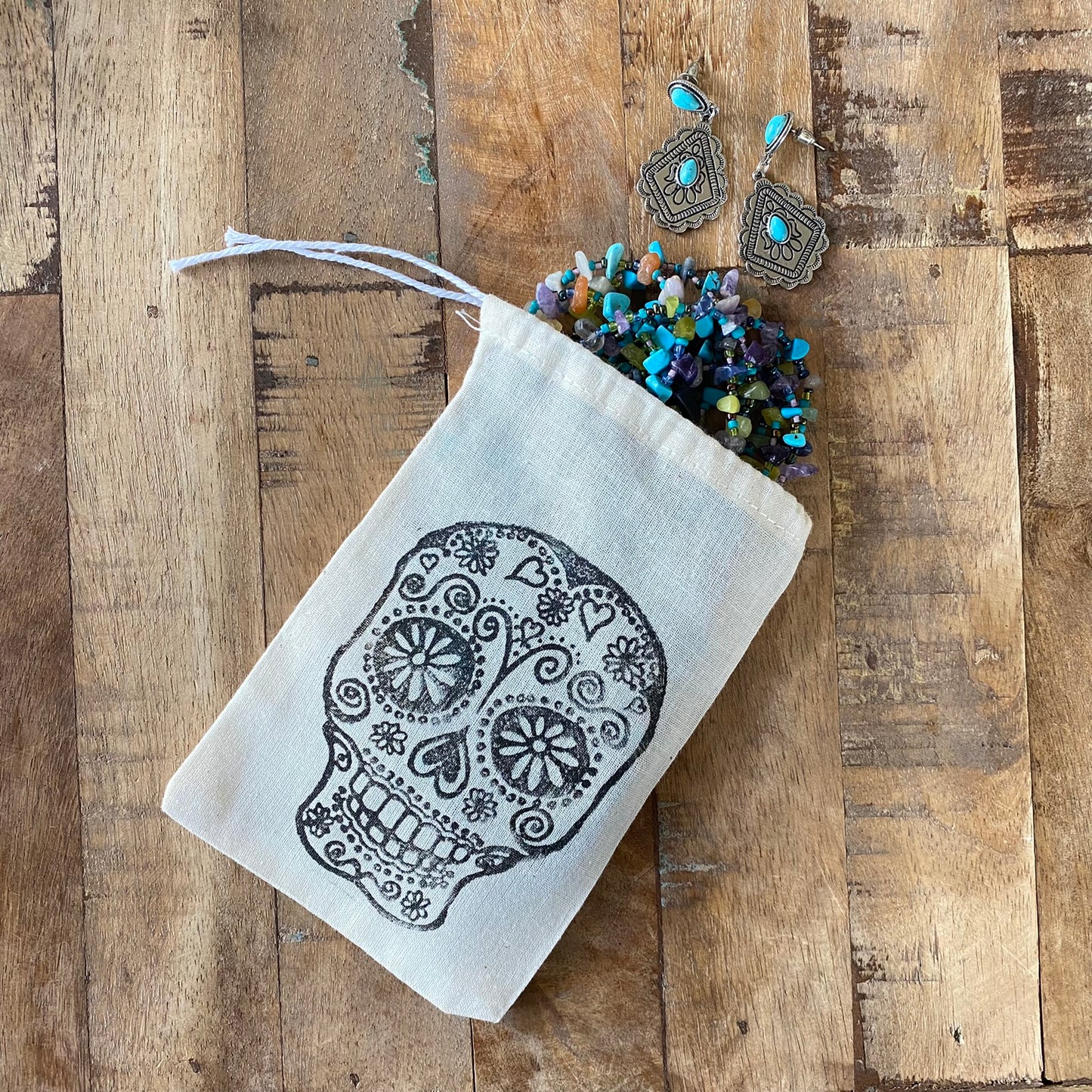 Sugar Skull Skeleton Muslin Gift Bags, set of 3, 4"x6"