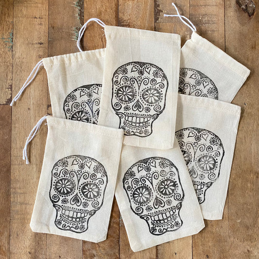 Sugar Skull Skeleton Muslin Gift Bags, set of 6, 4"x6"