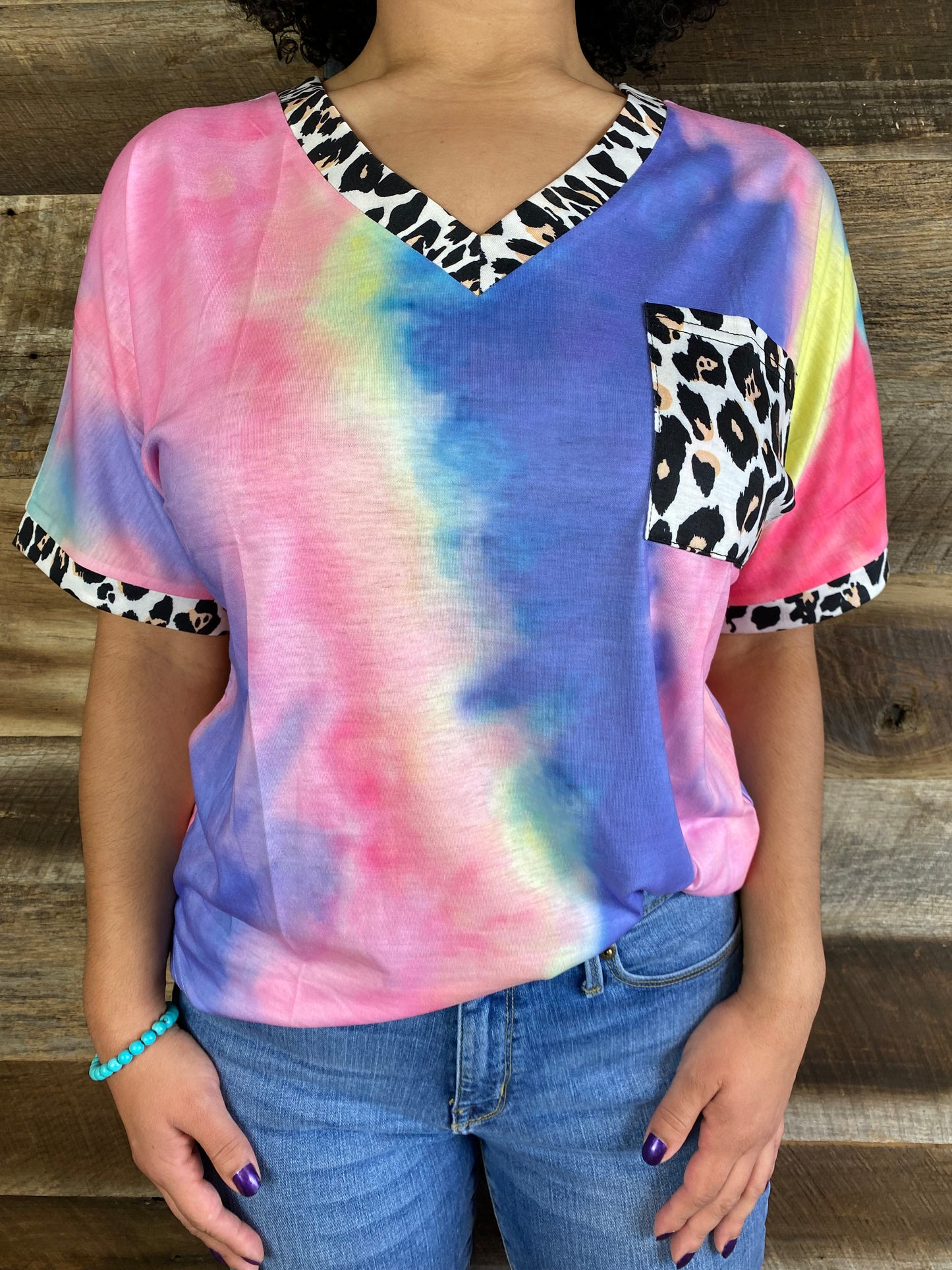 Tie Dye V-Neck Top with Leopard Print Trim