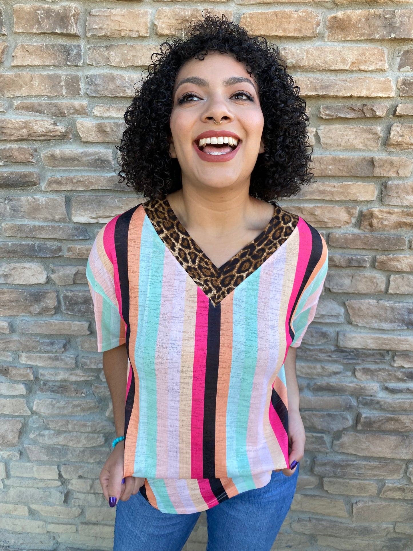 Striped Knit Top with Leopard Print V-Neck