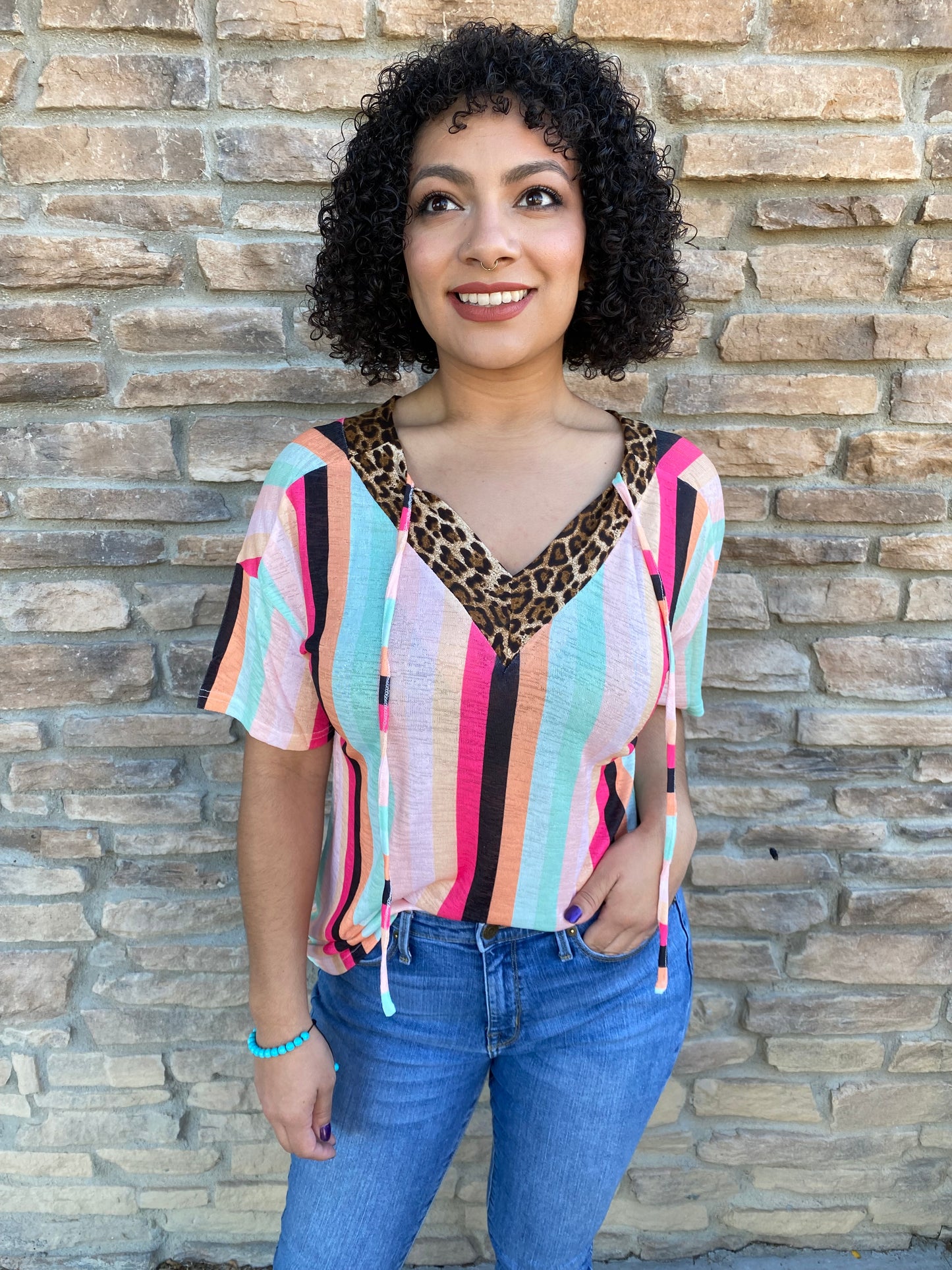 Striped Knit Top with Leopard Print V-Neck