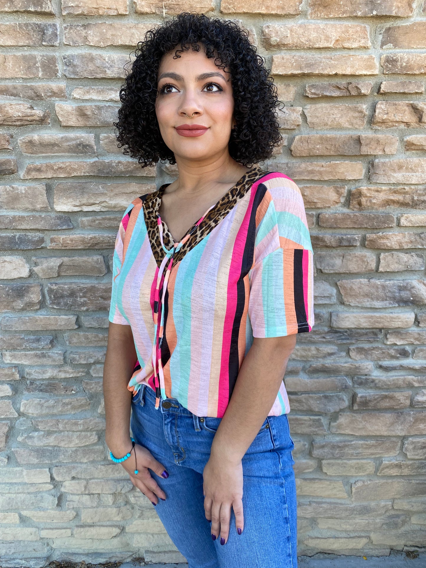 Striped Knit Top with Leopard Print V-Neck