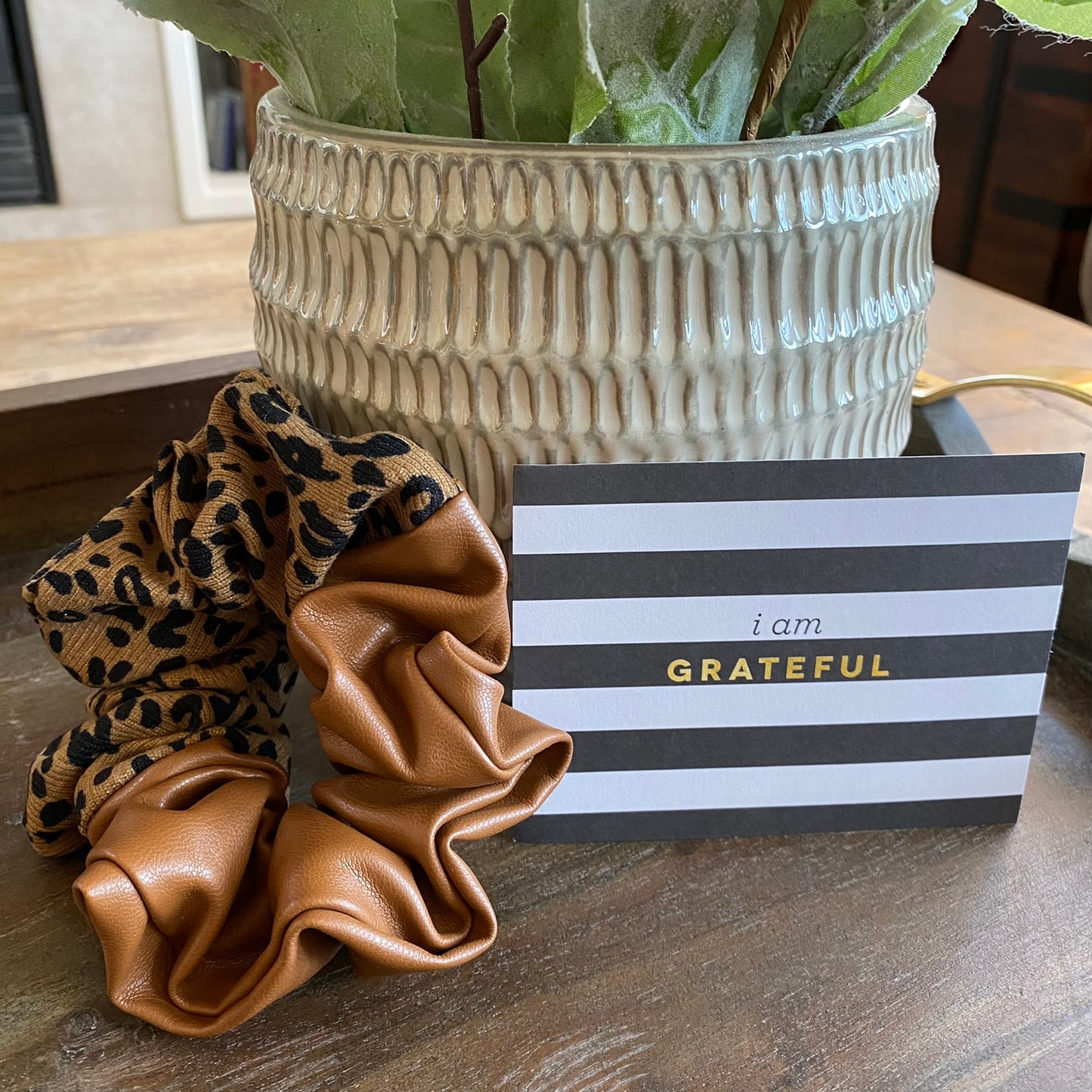 Brown Vegan Leather Leopard Scrunchie