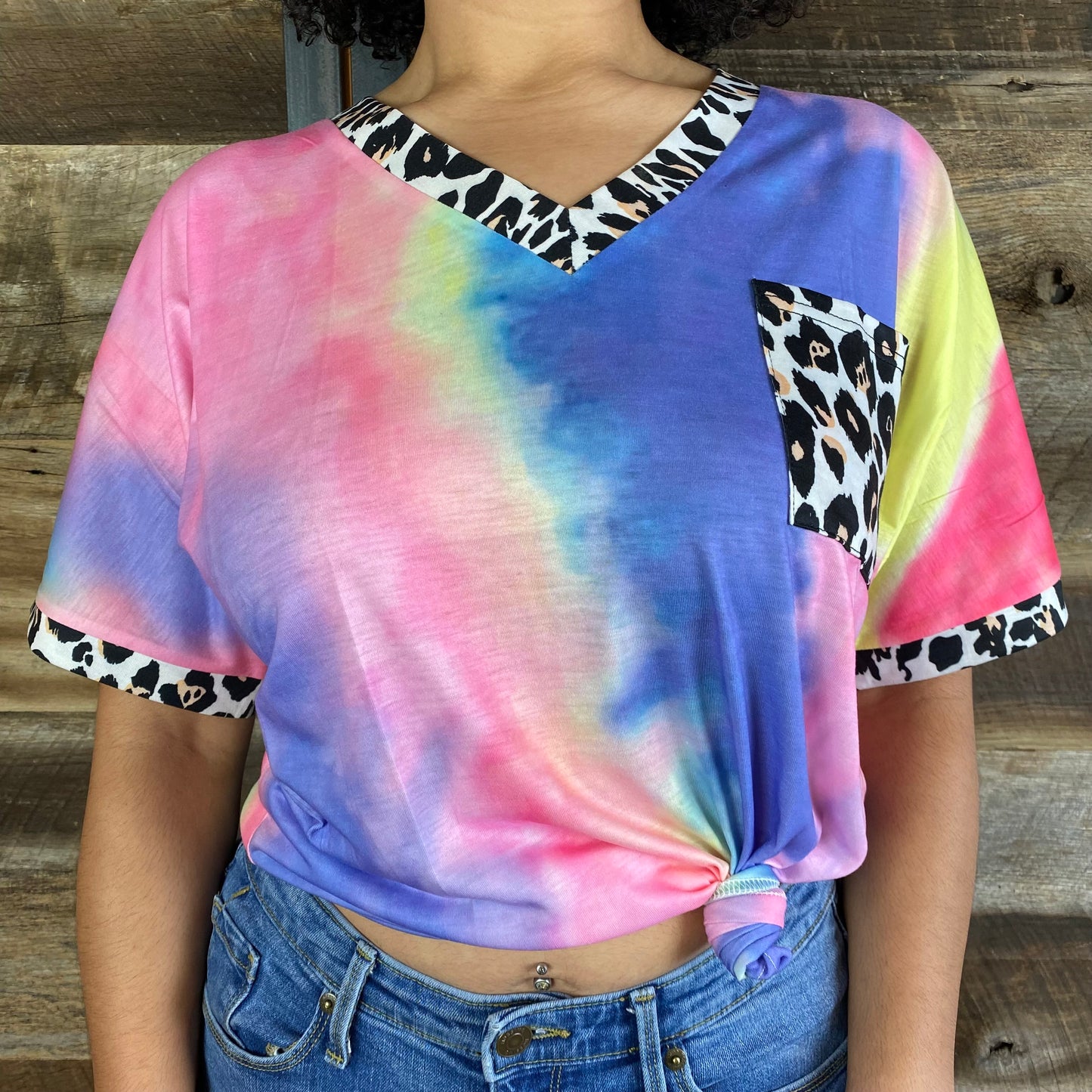 Tie Dye V-Neck Top with Leopard Print Trim