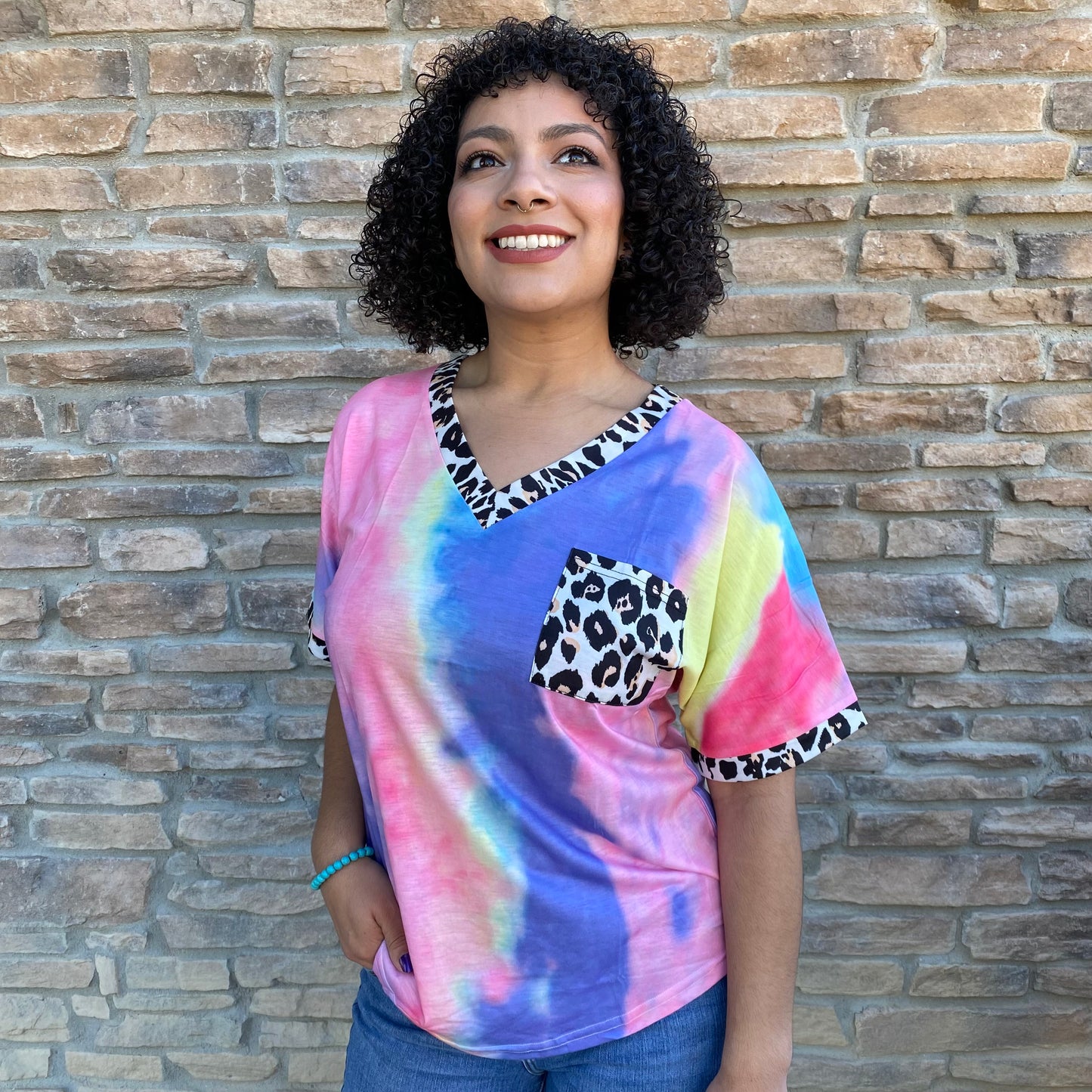 Tie Dye V-Neck Top with Leopard Print Trim