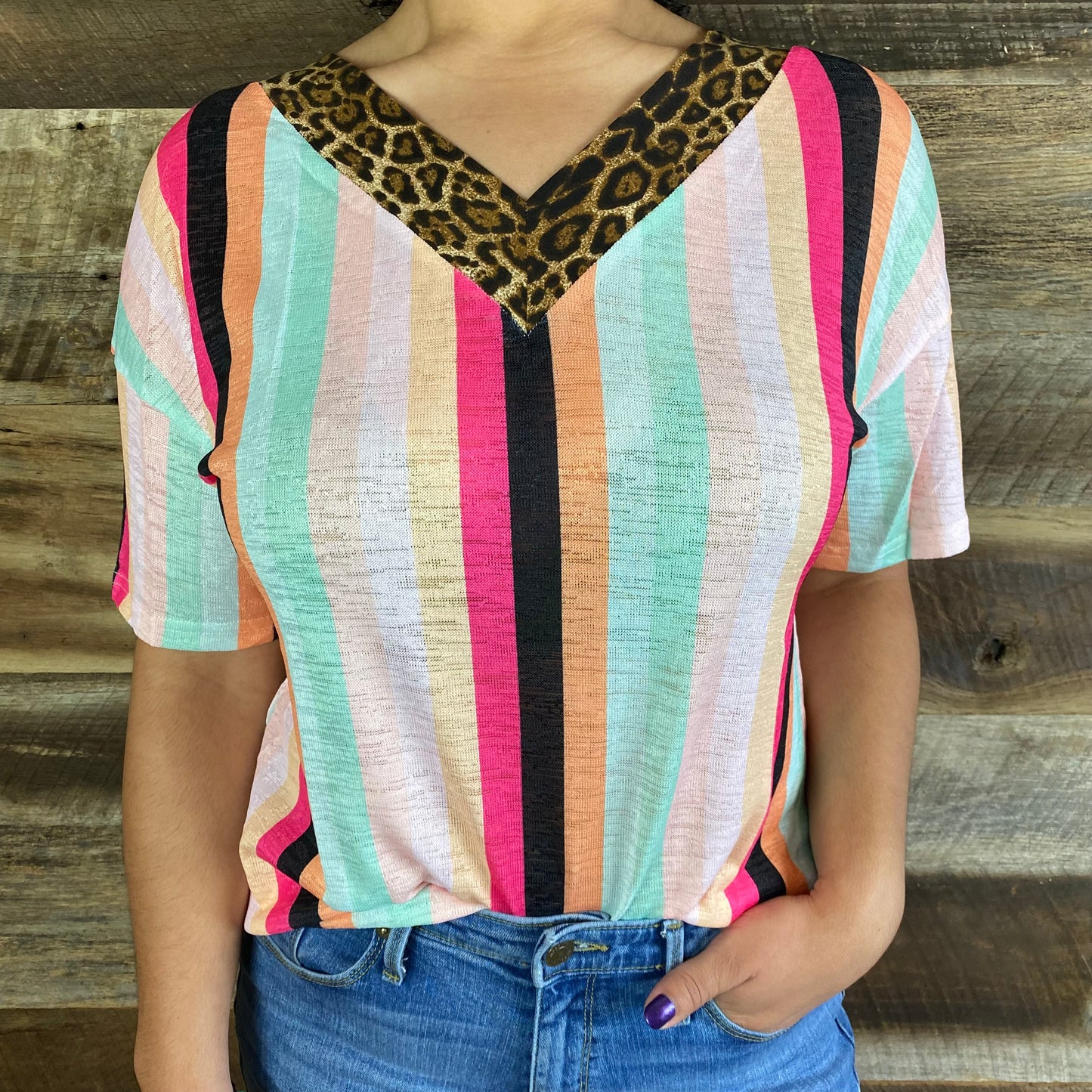 Striped Knit Top with Leopard Print V-Neck