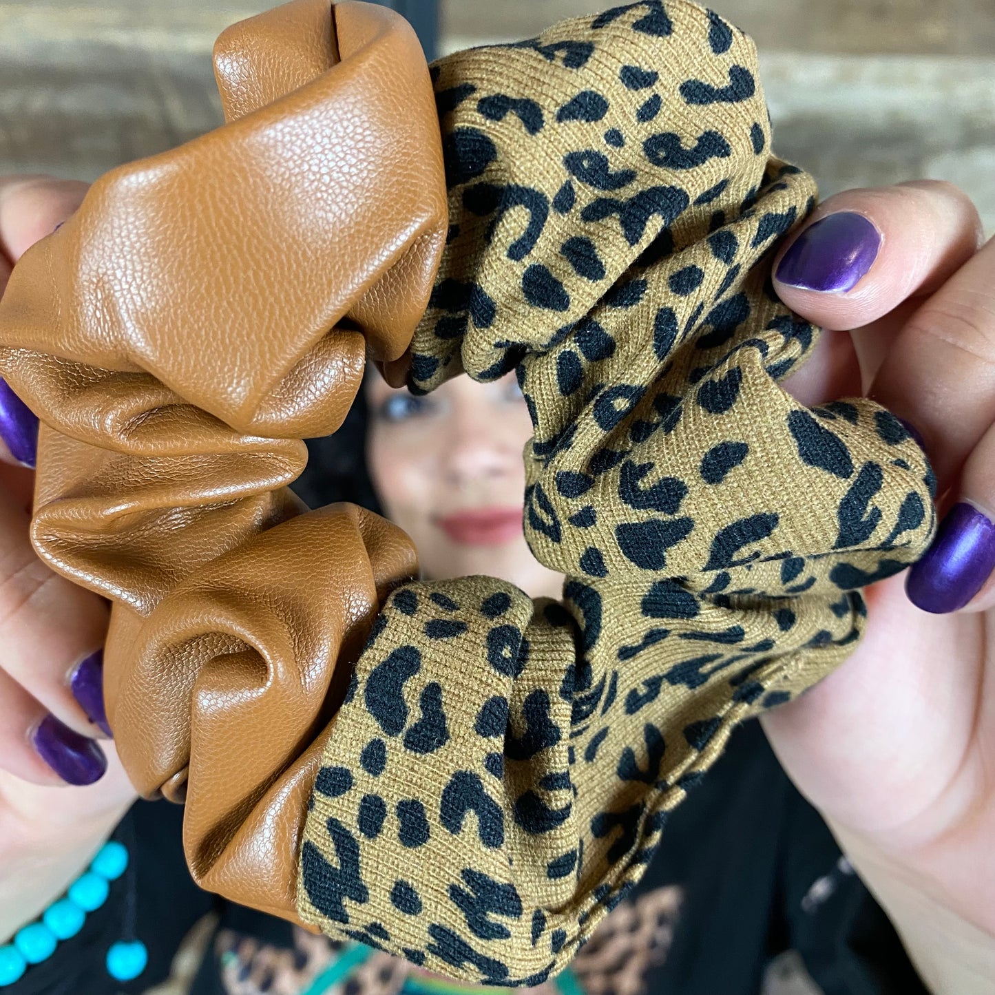 Brown Vegan Leather Leopard Scrunchie